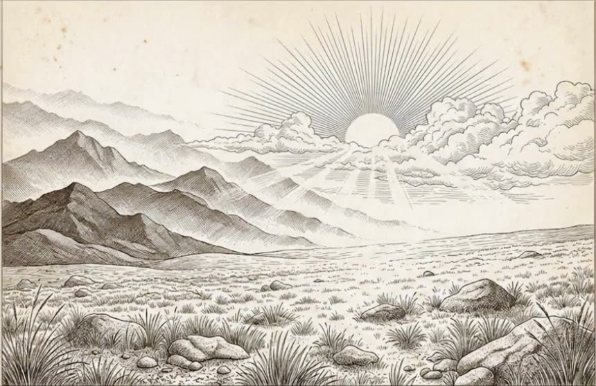 Central Asia at first light — sunburst over mountains and open steppe